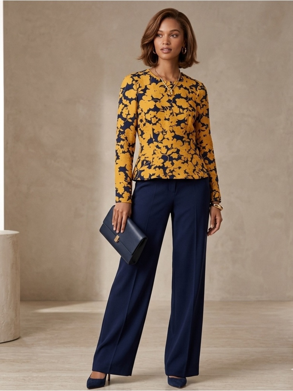 H&M Mustard Floral Crewneck Long Sleeve Women Top Size M